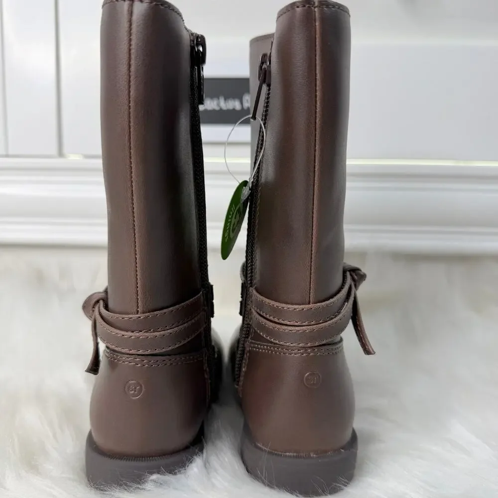 New Stride Rite Jess Brown Faux Leather Bow Tall Boots Kids 7M